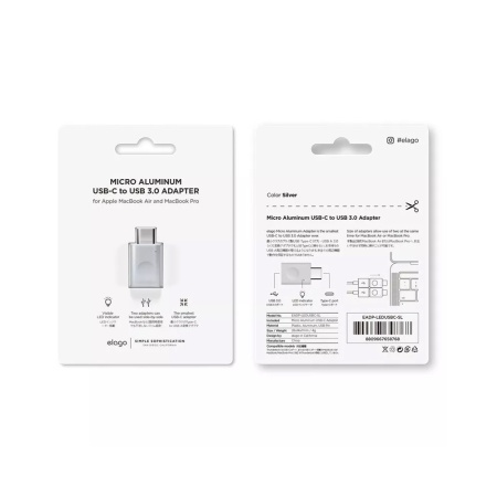 Адаптер Elago USB-C to USB-A Micro Aluminium LED. Цвет: серебристый