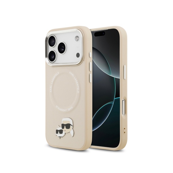 Чехол Lagerfeld PU NFT Karl & Choup heads Metal pin & Cam для iPhone 17 Pro Max. Цвет: бежевый