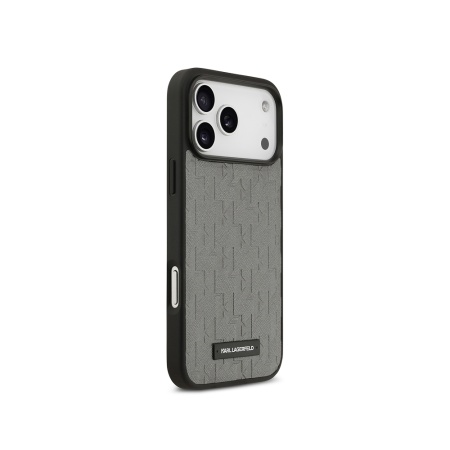 Чехол Lagerfeld PU Saffiano Monogram Metal Plate logo для iPhone 17 Pro Max. Цвет: серый