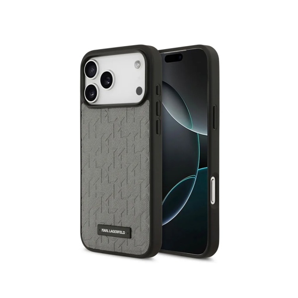 Чехол Lagerfeld PU Saffiano Monogram Metal Plate logo для iPhone 17 Pro. Цвет: серый