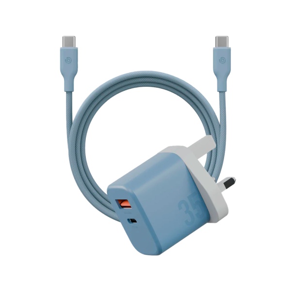 Адаптер питания EnergEA Bazic GoPort Velox Kit GaN35, USB-C+USB-A +кабель Weave. Цвет: голубой