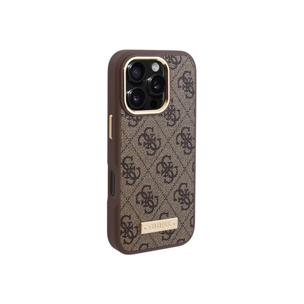 Чехол Guess PU 4G Plate metal logo Hard Brown MagSafe для iPhone 16 Pro Max. Цвет: коричневый