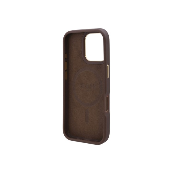 Чехол Guess PU 4G Plate metal logo Hard Brown MagSafe для iPhone 16 Pro Max. Цвет: коричневый