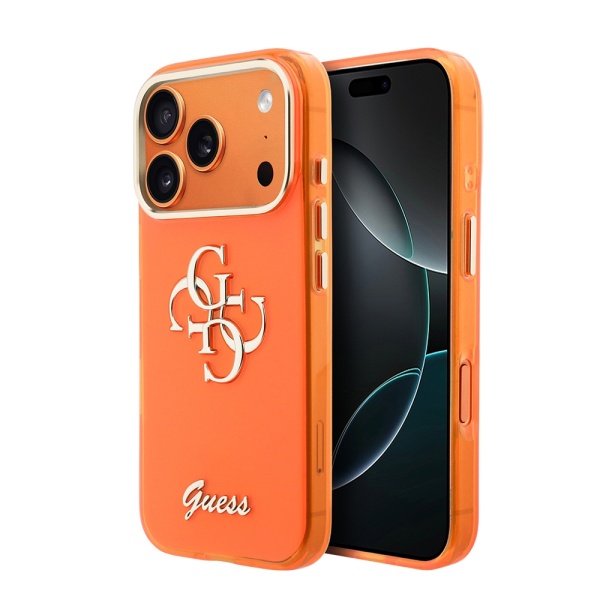 Чехол Guess IML 4G Big metal and Script logo Metal cam Hard Orange для iPhone 17 Pro. Цвет: оранжевы