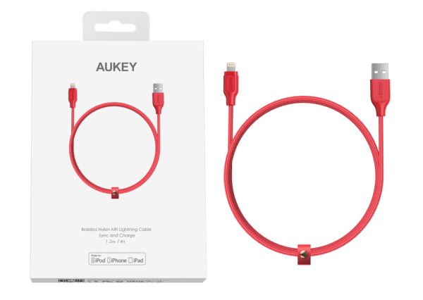 Кабель Aukey MFi Lightning — USB-A. 1.2м. Цвет: красный