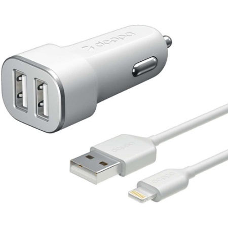 Автомобильное зарядное устройство Deppa 2xUSB + кабель Lightning, 2.4A. Цвет: белый