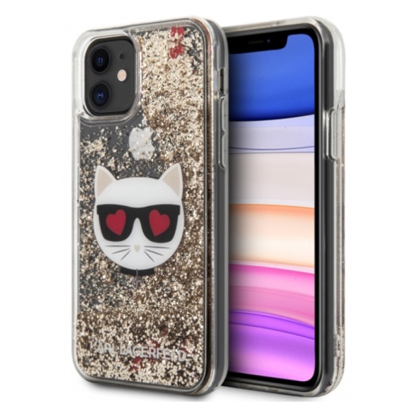 Чехол Lagerfeld для iPhone 11 Liquid Glitter Choupette head Hard. Цвет: золотой