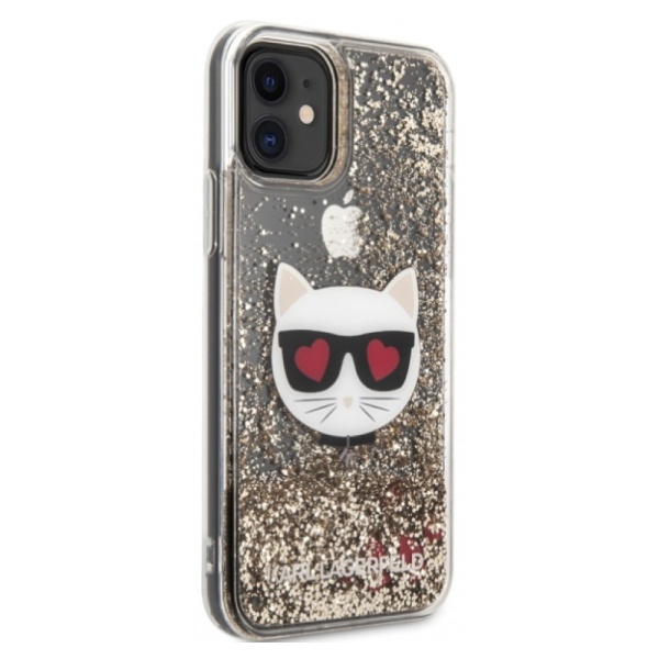 Чехол Lagerfeld для iPhone 11 Liquid Glitter Choupette head Hard. Цвет: золотой