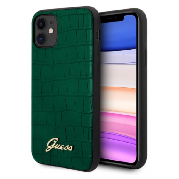 Чехол Guess для iPhone 11 Animal Croco with metal logo, полиуретан. Цвет: зеленый