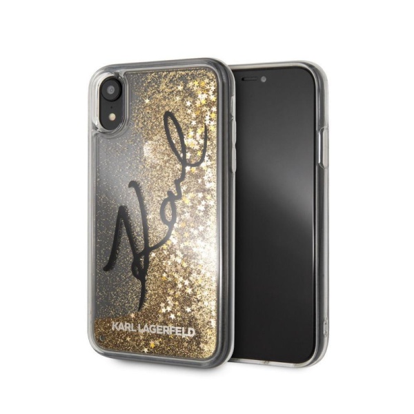 Чехол Lagerfeld для iPhone XR Liquid glitter Karl signature Hard. Цвет: золотой