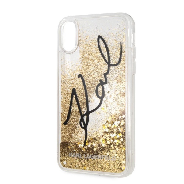 Чехол Lagerfeld для iPhone XR Liquid glitter Karl signature Hard. Цвет: золотой