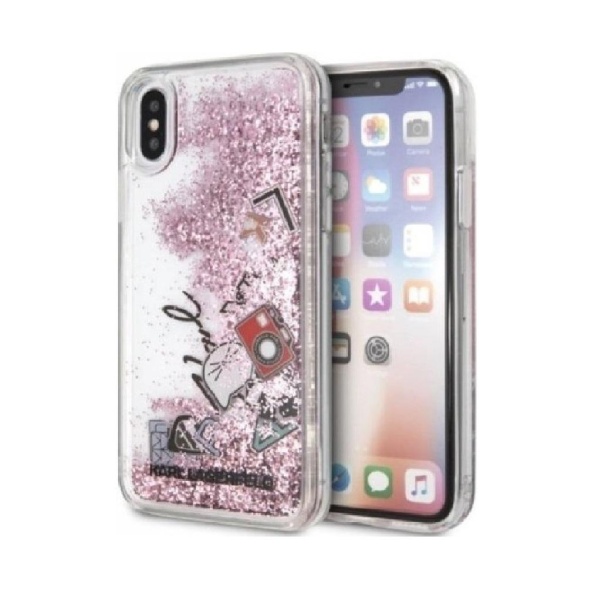 Чехол Lagerfeld для iPhone X/XS Liquid glitter Iconic patterns Hard. Цвет: "Розовое золото"