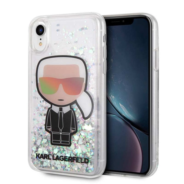 Чехол Lagerfeld для iPhone XR Liquid glitter Iconic Karl signature Hard. Переливающийся