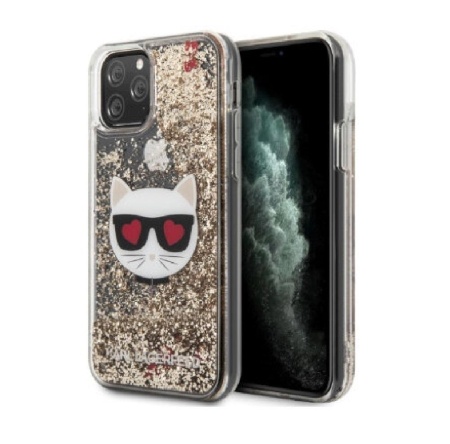 Чехол Lagerfeld для iPhone 11 Pro Liquid Glitter Choupette head Hard. Цвет: золотой