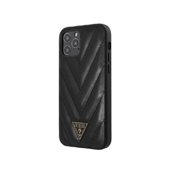 Чехол Guess для iPhone 12/12 Pro Quilted V Traingle metal logo. Цвет: чёрный