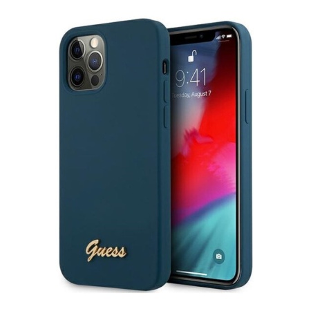 Чехол Guess для iPhone 12 Pro Max Liquid Silicone Gold Metal Logo. Цвет: синий