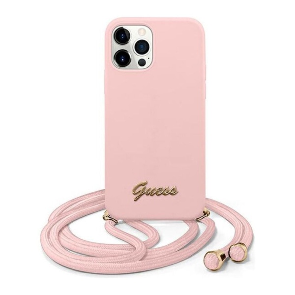 Чехол Guess для iPhone 12 Pro Max Liquid Silicone Gold Metal Logo + cord. Цвет: розовый