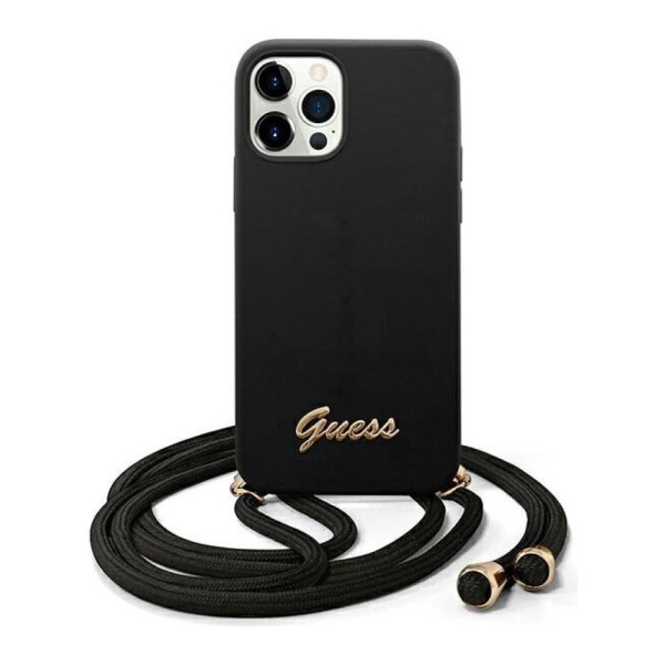 Чехол Guess для iPhone 12 Pro Max Liquid Silicone Gold Metal Logo + cord. Цвет: чёрный