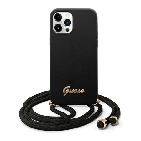 Чехол Guess для iPhone 12/12 Pro Liquid Silicone Gold Metal Logo + cord. Цвет: чёрный