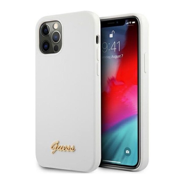 Чехол Guess для iPhone 12/12 Pro Liquid Silicone Gold Metal Logo. Цвет: белый