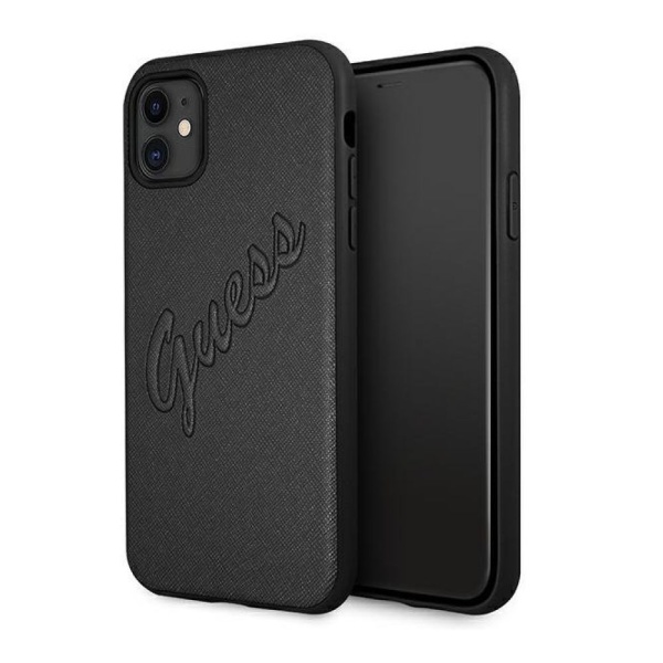 Чехол Guess для iPhone 11 Saffiano Script embossed logo. Цвет: чёрный