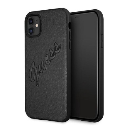 Чехол Guess для iPhone 11 Saffiano Script embossed logo. Цвет: чёрный