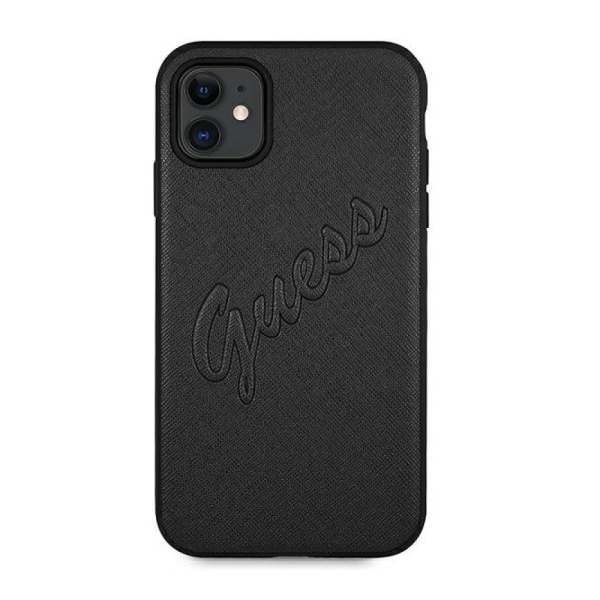 Чехол Guess для iPhone 11 Saffiano Script embossed logo. Цвет: чёрный