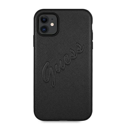 Чехол Guess для iPhone 11 Saffiano Script embossed logo. Цвет: чёрный