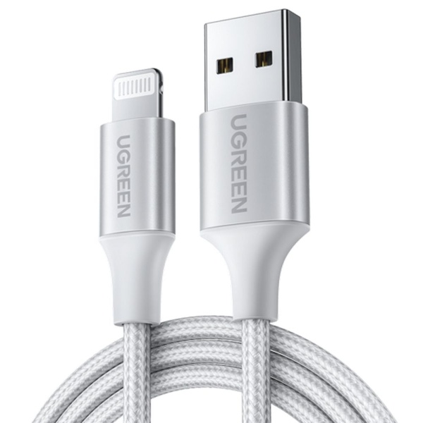 Кабель UGREEN US199 MFI Lightning — USB-A, Alu Case with Braided, 1 м. Цвет: серебристый