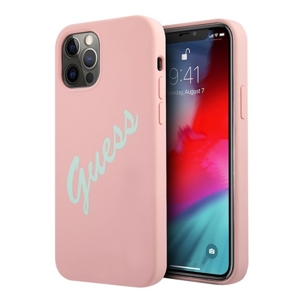 Чехол Guess для iPhone 12 Pro Max Liquid silicone Script logo. Цвет: розовый/зелёный