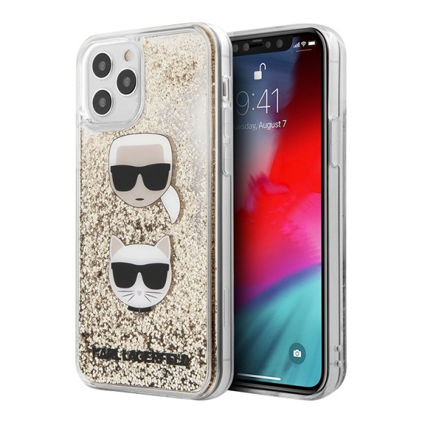 Чехол Lagerfeld для iPhone 12/12 Pro Liquid glitter Karl and Choupette heads. Цвет: золотой