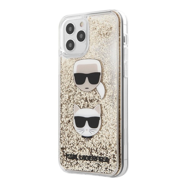 Чехол Lagerfeld для iPhone 12/12 Pro Liquid glitter Karl and Choupette heads. Цвет: золотой