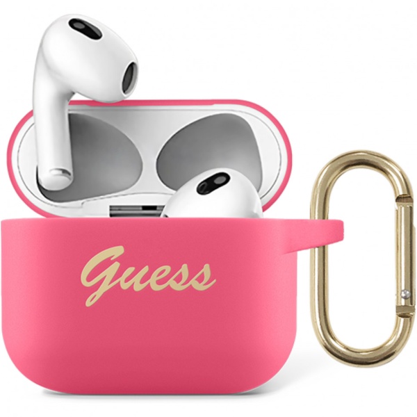 Чехол Guess Script logo для Airpods 3 силиконовый с кольцом. Цвет: фуксия