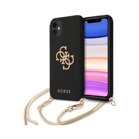 Чехол Guess для iPhone 11 Liquid Silicone 4G Big logo Hard с золотой цепочкой. Цвет: чёрный/золотой