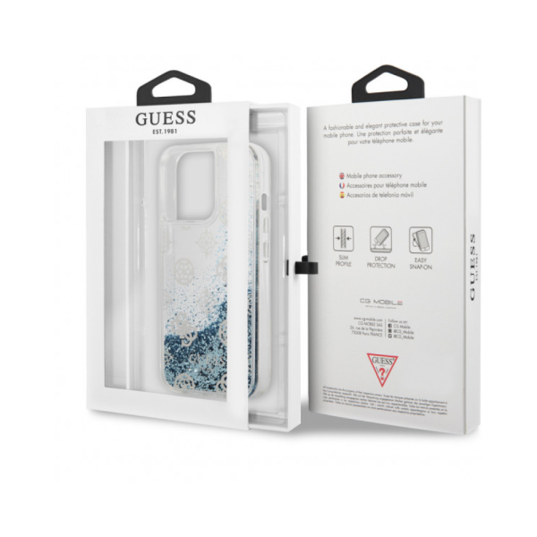 Чехол Guess для iPhone 13 Pro Max Liquid Glitter Peony Hard. Цвет: синий