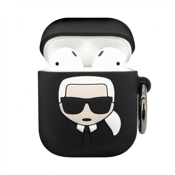 Чехол Lagerfeld Karl для Airpods 1/2 силиконовый с кольцом. Цвет: чёрный