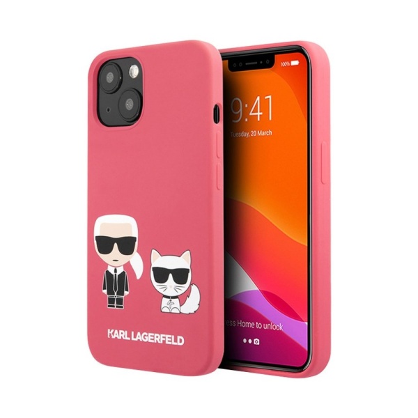 Чехол Lagerfeld для iPhone 13 Liquid silicone Karl & Choupette Hard. Цвет: фуксия