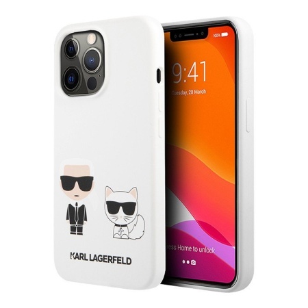 Чехол Lagerfeld для iPhone 13 Liquid Silicone Karl & Choupette Hard. Цвет: белый