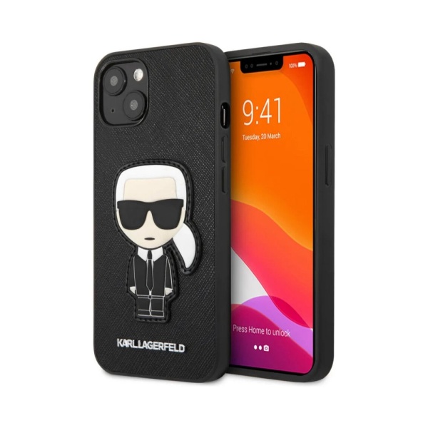 Чехол Lagerfeld для iPhone 13 PU Saffiano Ikonik Patch (metal) Hard. Цвет: чёрный