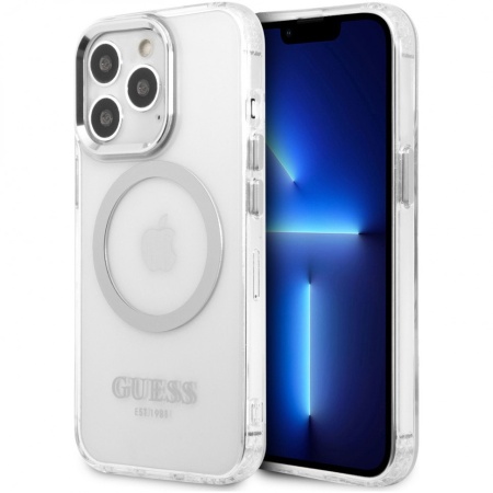 Чехол Guess для iPhone 13 Pro PC/TPU Metal outline Hard (Magsafe). Цвет: прозрачный/серебристый