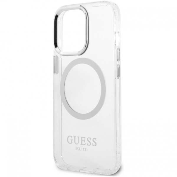 Чехол Guess для iPhone 13 Pro PC/TPU Metal outline Hard (Magsafe). Цвет: прозрачный/серебристый