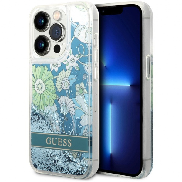 Чехол Guess для iPhone 14 Pro Liquid Glitter Flower Hard. Цвет: зелёный