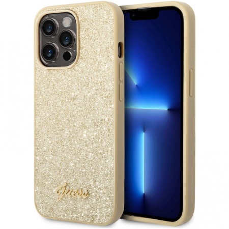 Чехол Guess для iPhone 14 Pro Max Glitter flakes w Metal logo Hard. Цвет: золотой