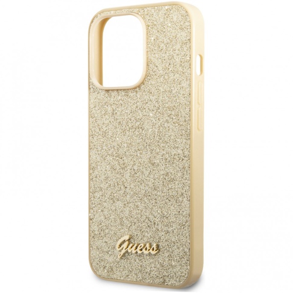 Чехол Guess для iPhone 14 Pro Max Glitter flakes w Metal logo Hard. Цвет: золотой