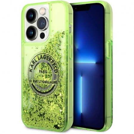 Чехол Lagerfeld для iPhone 14 Pro Liquid glitter RSG logo Hard. Цвет: зелёный