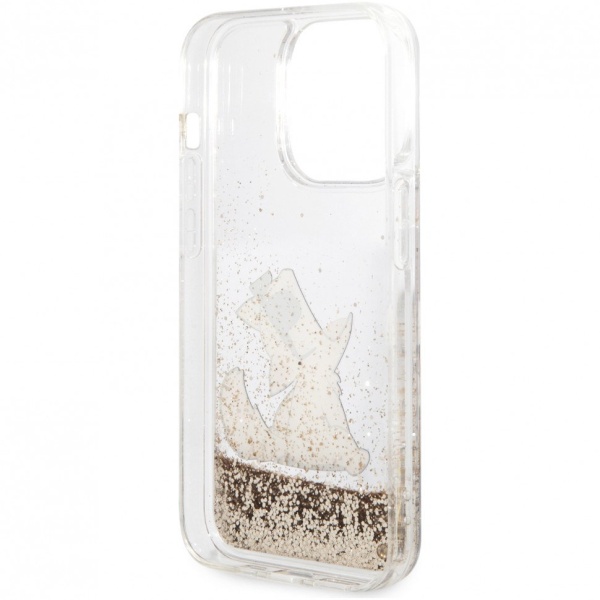 Чехол Lagerfeld для iPhone 14 Pro Max Liquid glitter Choupette Fun Hard. Цвет: золотой