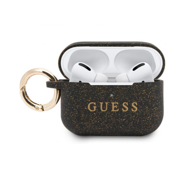 Чехол Guess для Airpods Pro силиконовый с карабином. Цвет: чёрный