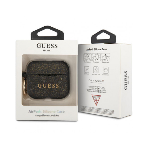 Чехол Guess для Airpods Pro силиконовый с карабином. Цвет: чёрный