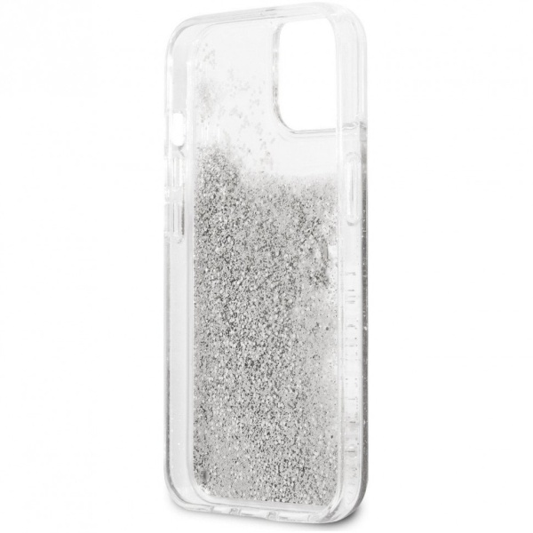 Чехол Guess для iPhone 13 Liquid Glitter 4G Big logo Hard. Цвет: серебристый