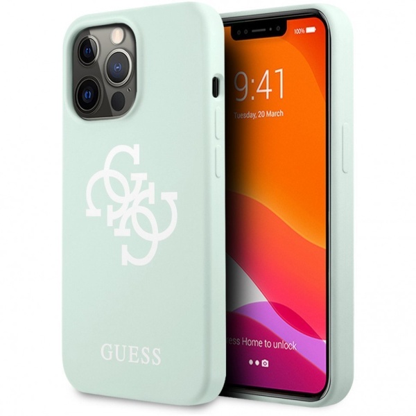 Чехол Guess для iPhone 13 Liquid silicone 4G Big logo Hard. Цвет: синий